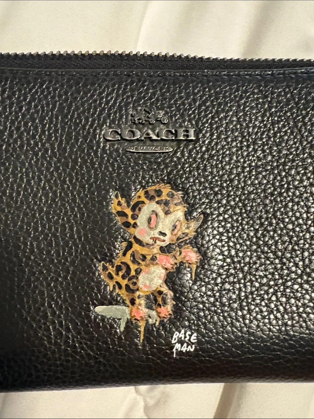 Coach Baseman Black Pebbled Leather Zip Wallet with Character Motif